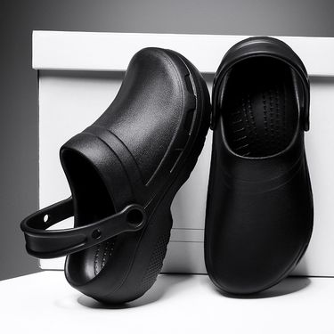 Pure Black Slippers For Men In Summer Breathable Kitchen Work Waterproof And Oil Proof Chef Men's Thick Soled Non Slip Work Safety Shoes_voghion.com