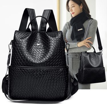 Multi functional practical black minimalist woven pattern commuting backpack, large capacity leisure travel single_voghion.com
