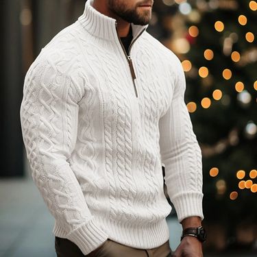Men’s Half-Zip Cable Knit Sweater – Thickened Acrylic, Solid Colors (White/Black/Bluish/Brown/Greens, S-XXXL)_voghion.com