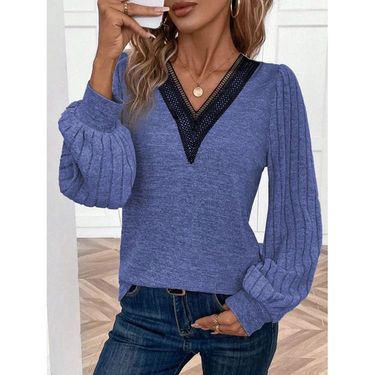 Women's Clothing Autumn and Winter New Solid Color Long Sleeve Lace V neck T shirt Women's Tops_viptrois.com