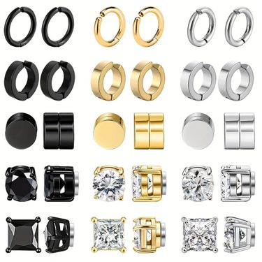 Stainless Steel Round Non Pierced Ear Clips Zircon Ear Studs Combination Set Trendy Men's Non Pierced Ear Magnet Earrings_voghion.com