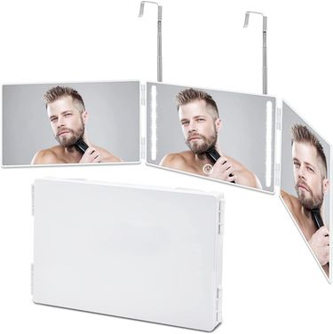 3 Way Mirror for Self Hair Cutting 360° Mirror with LED Lights, Trifold Self Haircut Mirror Rechargeable with Height Adjustable_voghion.com