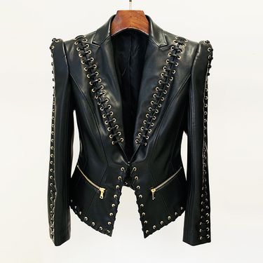 Women's Clothing fashion heavy eyelet rope slim leather suit jacket coat_voghion.com