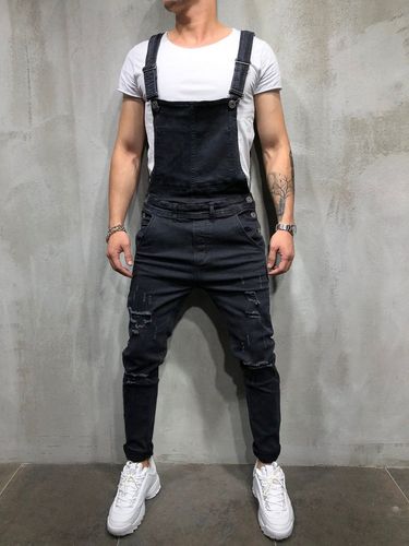 Men's Solid Color Casual Jeans With Suspenders_voghion.com