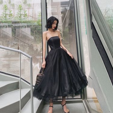 Banquet Evening Dress Women 2025 New Temperament Slim Fluffy Skirt Black Long Birthday Party Tube Top Small Dress_ecoleips.com