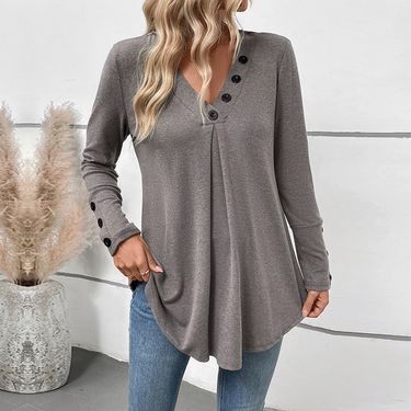 2024 New Autumn Casual Tops Mid-Length V-Neck Solid Color Long-Sleeved T-Shirt For Women_voghion.com