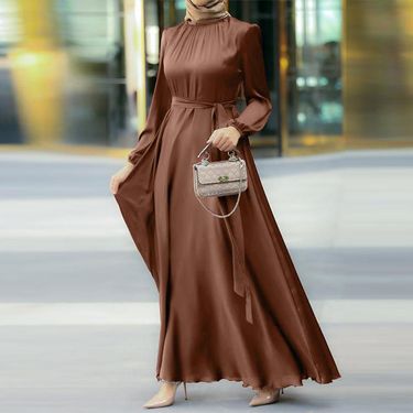 Women's Clothing Women's Muslim style round neck long sleeved belted waist slimming fashionable elegant robe loose dress dress_viptrois.com