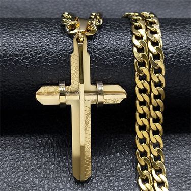 Stainless Steel Cross Necklace For Men, Unique Geometric 3D Pendant Hip-Hop Jewelry_voghion.com