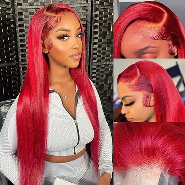 13x4 RED straight hair front lace red headpiece lace front human hair wigs_voghion.com