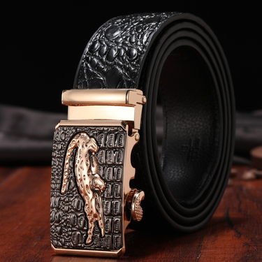 Crocodile pattern automatic buckle belt, leopard head snake buckle new business men's belt 3.5CM belt_voghion.com