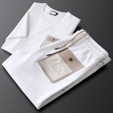 Men's Clothing Light luxury white casual sports suit men's summer thin short-sleeved T-shirt cuff pants fashionable men's two-piece suit_voghion.com