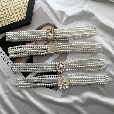 New Korean Edition Pearl Waistchain Women's Belt Fashion Dress Decorated with Rhinestone Elastic Beaded Elastic Waistband_voghion.com