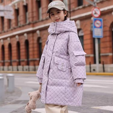 Girls' Long Puffer Jacket – Trendy Winter Hooded Coat With Duck Down Fill (Purple/Green/Mint/Pink, Sizes 120-160cm, Soft Polyester, Zip-Up Design)_voghion.com