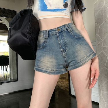 American Spicy Girl Slim Fit denim shorts for female niche, distressed versatile, stretch slimming and hip wrapping_voghion.com