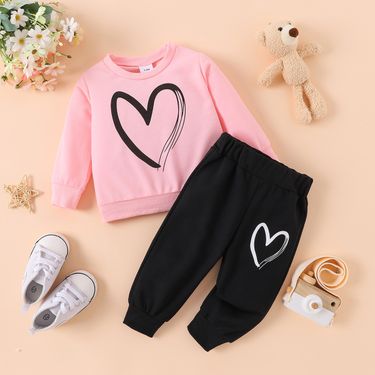 Kids Clothing New spring and autumn toddler girl pink round neck heart shaped print long sleeved top black trousers casual suit_voghion.com