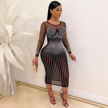 Women's Clothing Diamond Long Sleeve Dress Night Club Wear_voghion.com