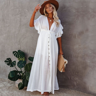 new style beach cover-up bamboo cloth button draw waist rope long skirt sun protection shirt_voghion.com