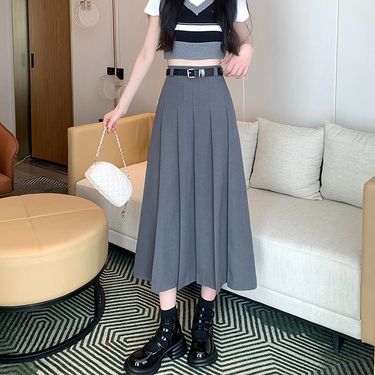 Verve New High-End High-Waisted Pleated Long Skirt Slimming A-Line Niche Design Fashionable Mid-Length Suit Dress With Elegant_voghion.com