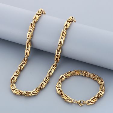 Men's Jewelry Set Versatile V Shaped Byzantine Chain Bracelet Retro High End Gear Shaped Emperor Chain Titanium Steel Necklace_voghion.com