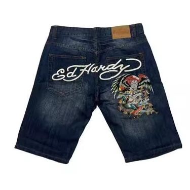 Men's clothing hip-hop skateboard sports trend pattern printed denim shorts men's high street fashion brand wide-leg shorts_voghion.com