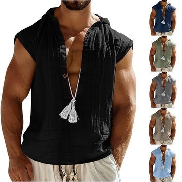 V-Neck Loose Undershirt Solid Color Cotton Linen Men Beach Plus Size Men's Sleeveless Shirt_voghion.com