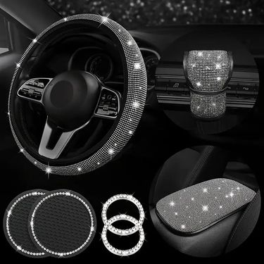Unisex car steering wheel cover white diamond elastic handle cover armrest box pad gear cover car coaster start ring 7 piece set_voghion.com
