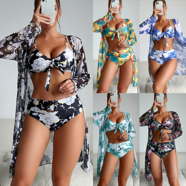 2024 Women Sexy Bow Floral Print Bathing Suit 3 Piece Bikini Set Beachwear High Waist Bikinis Femme Swimsuit Spaghetti Strap Biquinis Push Up Swimwear_voghion.com