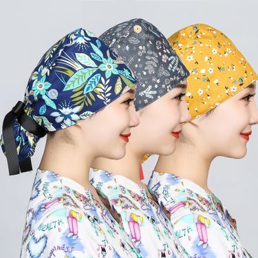 Surgical Cap Women's Bow Button Surgical Print Bun Head Dust-proof Nurse Long Hair Cap_voghion.com
