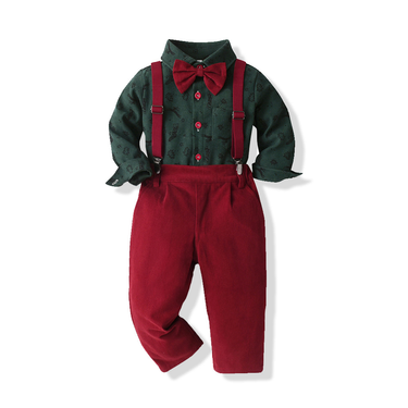 Christmas children's suit Christmas green printed cardigan European and American boy suspenders two-piece lapel bow suit_voghion.com