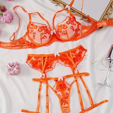 European And American Ultra Thin Lace Mesh Transparent Sexy Gathered Bra Set Bra Embroidery Garter Underwear Four Piece Set_voghion.com