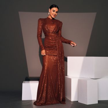 Women's Clothing Evening Dress Long Sleeve Temperament Round Neck Sexy Slim Long Sequin Banquet Bridesmaid Dress_voghion.com