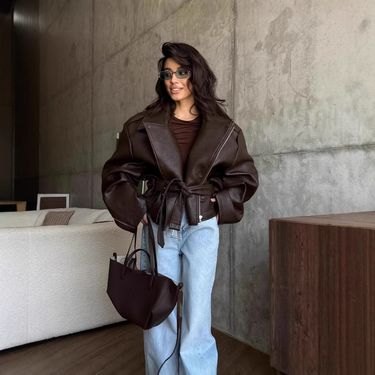 Women's Short Biker Jacket With Belt - Stylish Faux Leather Coat, Loose Fit, Long Sleeve, Zipper Closure, Trendy Casual Outerwear For Everyday Wear_voghion.com