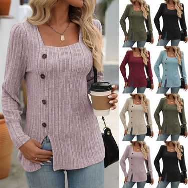 2024 New Fashion Women's Square Neck Ribbed Brushed Solid Color Long Sleeve Button T-Shirt_voghion.com