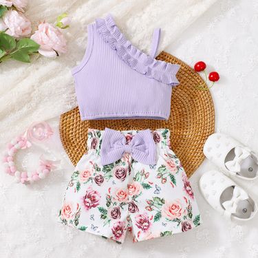 Ins Popular Baby Girl Sleeveless Solid Color Top And Floral Shorts Set_voghion.com