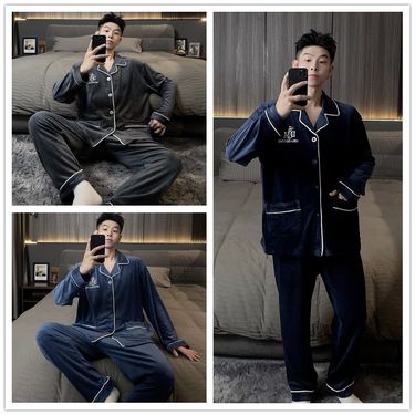 2024 new winter island velvet men's lapel cardigan long sleeved pajama set simple casual home wear_voghion.com