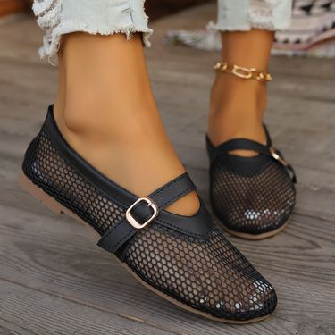 Large mesh buckle ballet with flat bottom hollowed out fishing net Mary Jane women s single shoes_voghion.com