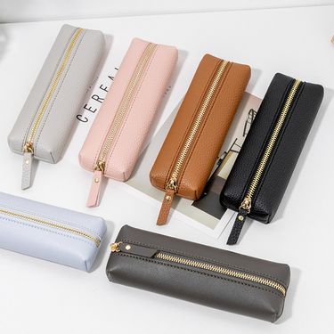 Simple leather pencil case Business Office pen storage bag signature pen Portable leak-proof zipper stationery bag_voghion.com