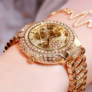 BW Elegant Wrist New Bracelet Watch Self-operated Three-eye Set Full Diamond Silver Pink 8093_voghion.com