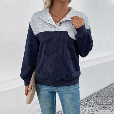 2024 Autumn New Textured Fabric Turn-Down Collar Color Block Long Sleeve Sweatshirt For Women_voghion.com