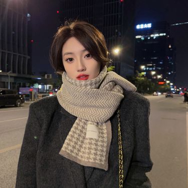 Thousand Bird Grid Knitted Scarf Women's Autumn Winter Korean Edition Warm and Thick Student Couple Neck Protection_voghion.com