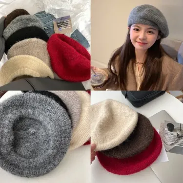 Fashion 2024 New Maheimao Knitted Beret Trendy Korean Retro Women's Bonnet Soft Hat Warm Solid Color Elegant Ladies Easy_voghion.com