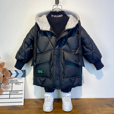 Boys' Winter Padded Jacket With Hood - Thickened Polyester Coat For Kids (100-170cm) - Black/Khaki_voghion.com