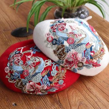 New Arrivals Wool female beret embroidery flower winter bud qiu dong folk painter hat tide restoring ancient ways of literature and_voghion.com