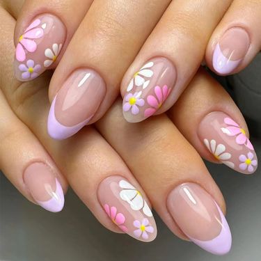 Wearing nail art finished short oval French nail art patch multicolor flowers fresh Joker European and American foreign trade 24 pieces_voghion.com