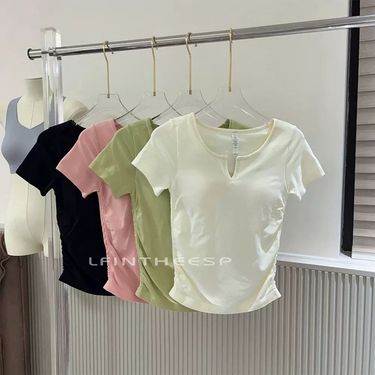 Women's Intimates Ice Cream Pleated Bubble Slimming Seamless V Neck Short Sleeved Sports Fixed Coaster Yoga Wear Fitness Top For Women_voghion.com