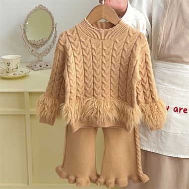 Mother & Kids Girls Sweater Suit Autumn And Winter New Style Korean Style Solid Color Twisted Fur Knitted Long Sleeved Pants Two Piece Suit_voghion.com