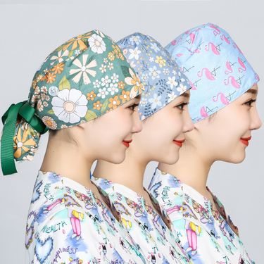 Pure Cotton Printed Button Nurse Operating Room Beauty Stomatologist Long Hair Work Hat_voghion.com