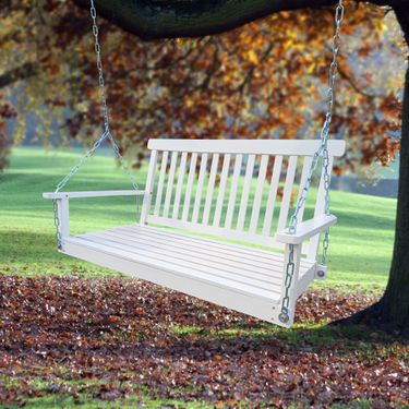 Front Porch Swing with Armrests; Wood Bench Swing with Hanging Chains; for Outdoor Patio ; Garden Yard; porch; backyard; or sunroom; Easy to Assem_voghion.com