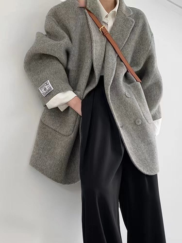 Wool & Blends Coats for Women Grey Thickening Autumn Winter Women's Cold Coat Loose Turn-down Collar Fashion Suit Women_voghion.com