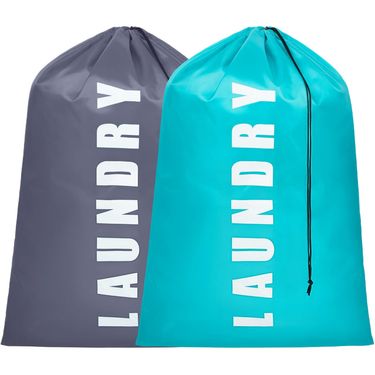 Large Drawstring Laundry Bag – Durable Polyester Travel & Dorm Storage For Dirty Clothes (Grey/Blue, 1-Pack)_voghion.com